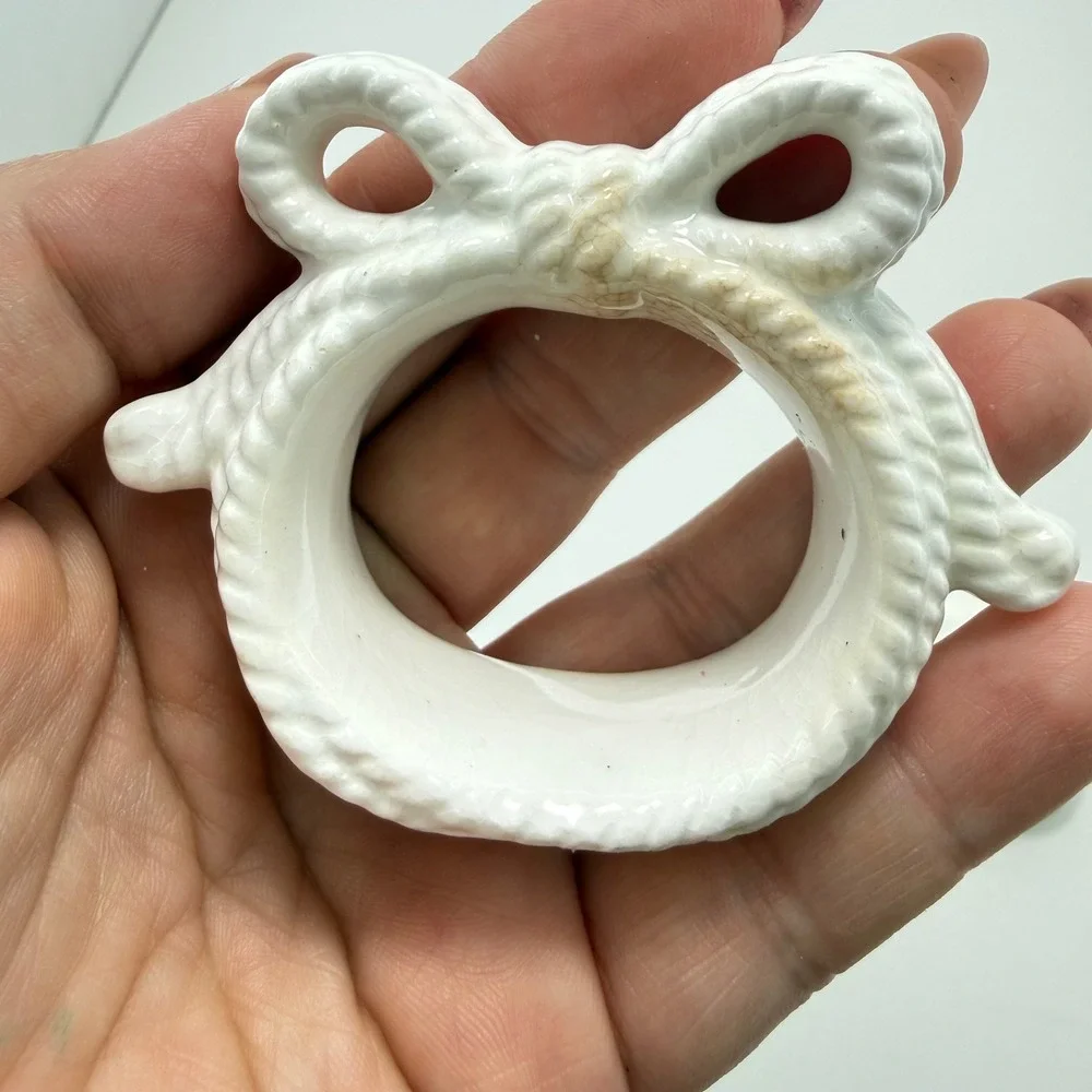 Audrey Taiwan White Rope Bow Ceramic Napkin Rings Set of 2 Vintage Table Decor